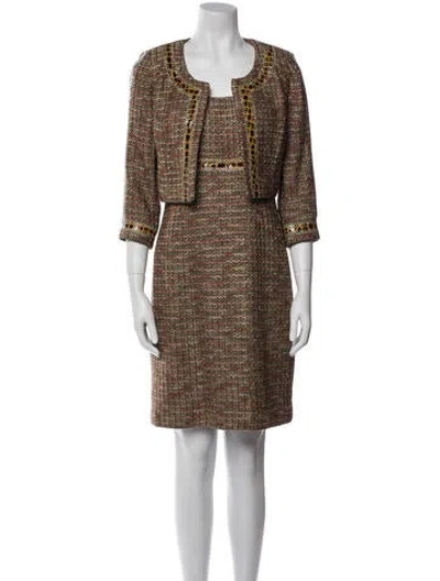Pre-owned St. John Couture Tweed Pattern Glitter Accents Dress Set In Brown