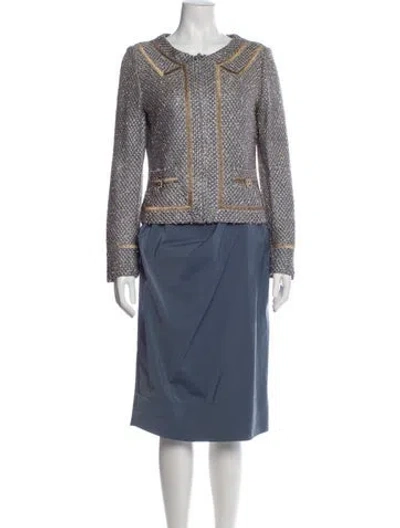 Pre-owned St. John Couture Tweed Pattern Ruffle Embellishment Dress Set In Blue