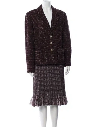 Pre-owned St. John Couture Tweed Pattern Ruffle Embellishment Skirt Suit In Purple