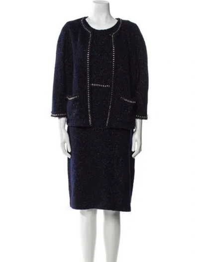 Pre-owned St. John Couture Wool Chain-link Accents Dress Set In Blue