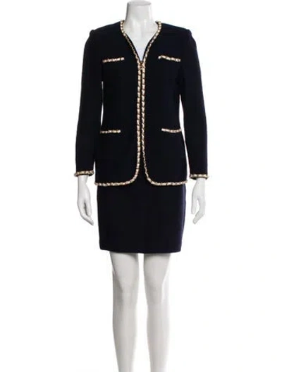 Pre-owned St. John Couture Wool Chain-link Accents Skirt Set In Blue