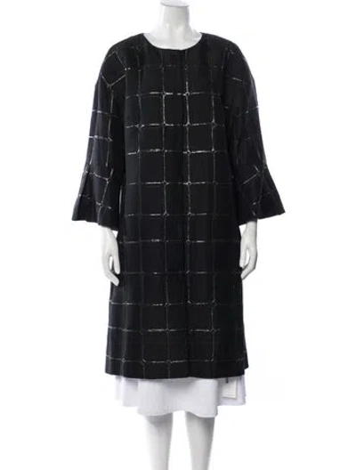 Pre-owned St. John Couture Wool Plaid Print Peacoat In Black