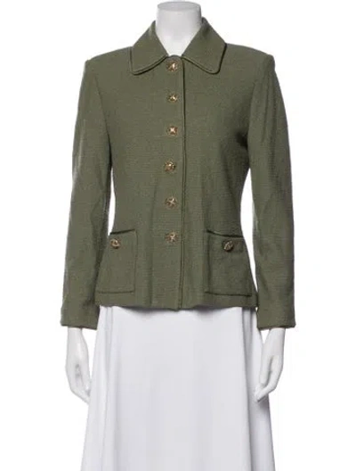 Pre-owned St. John Couture Wool Tweed Pattern Blazer In Green