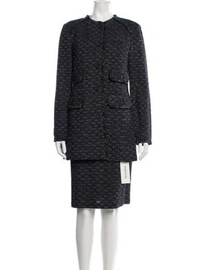 Pre-owned St. John Couture Wool Tweed Pattern Dress Set In Blue