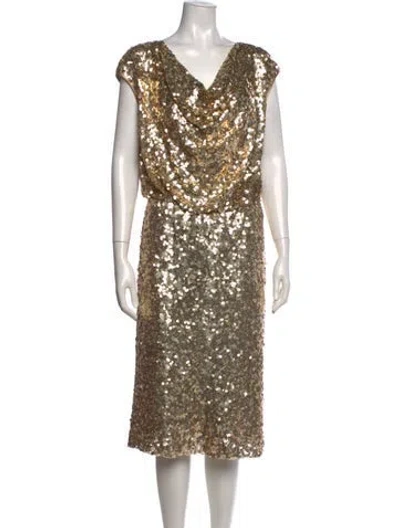 Pre-owned St John Cowl Neck Midi Length Dress In Gold