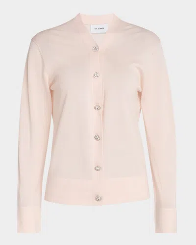 St John Crystal-button Fine Gauge Merino Knit Cardigan In Blush