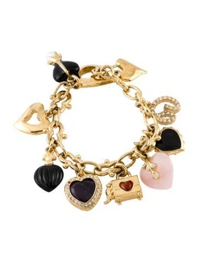 Pre-owned St John Crystal, Enamel, Resin, Pink Stone And Faux Pearl Charm Bracelet, 7" In Multi