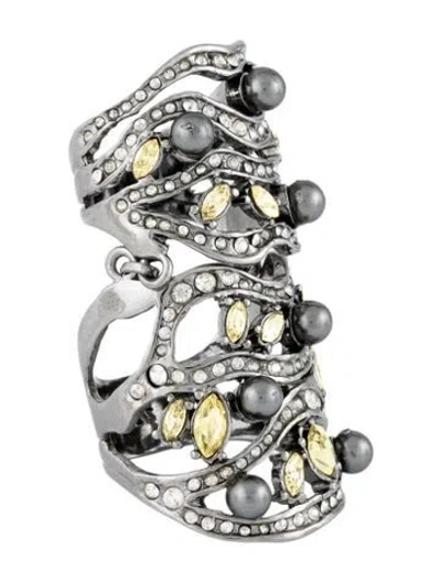 Pre-owned St John Crystal Faux Pearl Double Joint Cocktail Ring In Multicolor