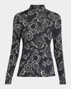 St John Cubist Floral-print Turtleneck Top In Gray Pattern