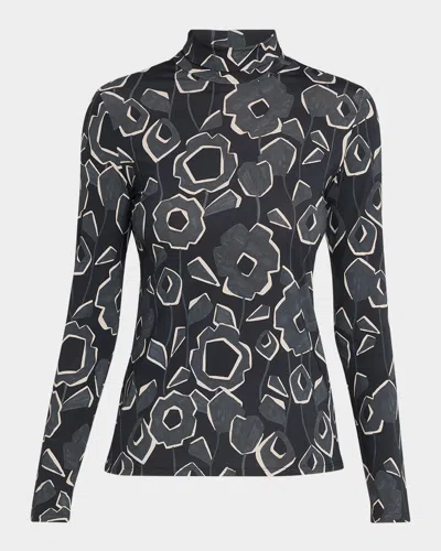 St John Cubist Floral-print Turtleneck Top In Black Shadow Multi