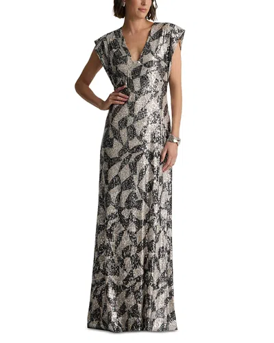 St John Cubist Geo Stretch Paillette Gown In Gray