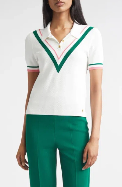 St John St. John Diagonal Texture V-stripe Polo Sweater In White
