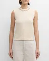 St John Embellished Micro Boucle Stretch Knit Sleeveless Sweater In White
