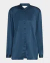 St John Embellished Washed Satin Button-down Blouse In Blue