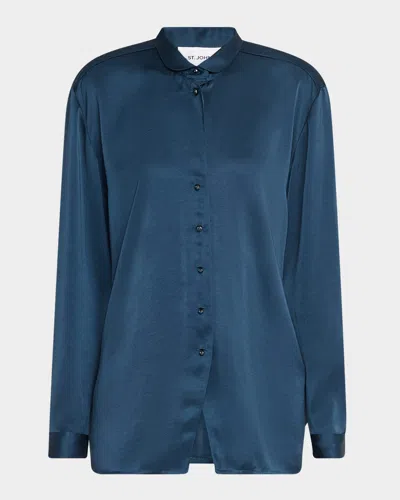 St John Embellished Washed Satin Button-down Blouse In Green