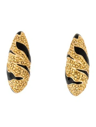Pre-owned St John Enamel & Crystal Clip-on Earrings In Black/gold