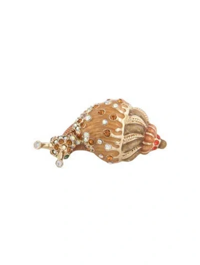 Pre-owned St John Enamel & Crystal Snail Brooch Pin In Green/neutrals/orange