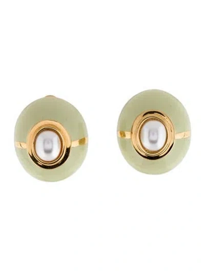 Pre-owned St John Enamel & Faux Pearl Clip-on Earrings In Green