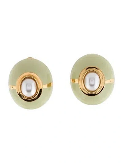 Pre-owned St John Enamel & Faux Pearl Clip-on Earrings In Green