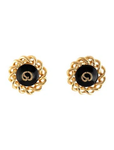 Pre-owned St John Enamel Logo Clip On Earrings In Black