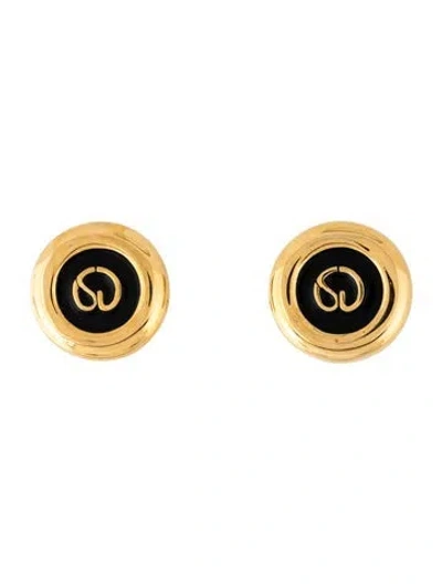 Pre-owned St John Enamel Logo Clip On Earrings In Black