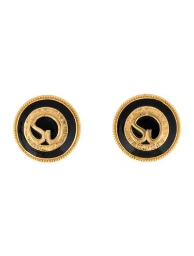 Pre-owned St John Enamel Logo Clip-on Earrings In Black