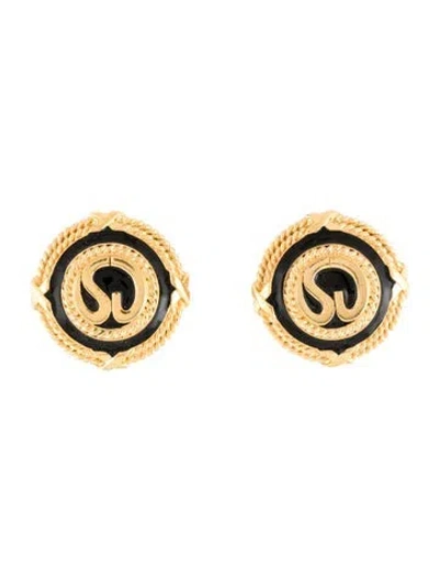 Pre-owned St John Enamel Logo Clip-on Earrings In Black