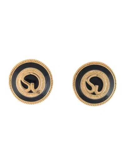 Pre-owned St John Enamel Logo Clip-on Earrings In Black