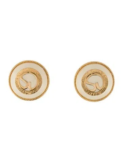 Pre-owned St John Enamel Round Logo Clip-on Earrings In Gold/neutrals/white