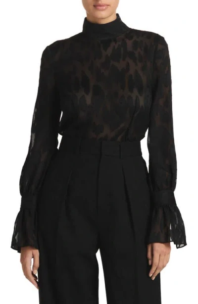 St John St. John Evening Leopard Fil Coupé Bell Cuff Shirt In Black/black