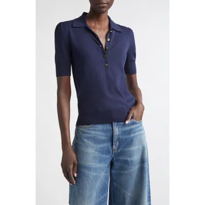 St John St. John Fallon Silk & Cotton Blend Polo Sweater In Blue