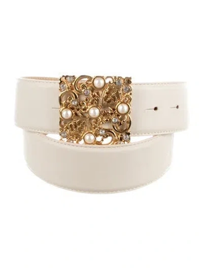 Pre-owned St John Faux Pearl Accents Leather Belt In White