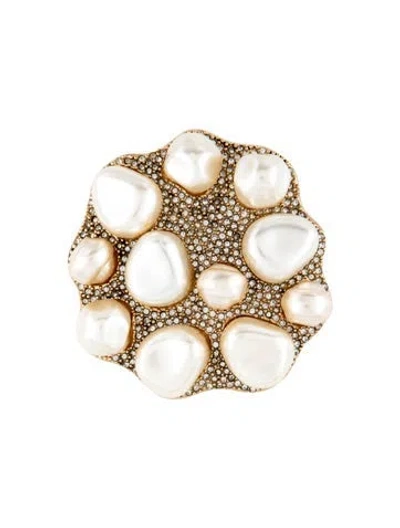 Pre-owned St John Faux Pearl & Crystal Pin Brooch In Clear/white