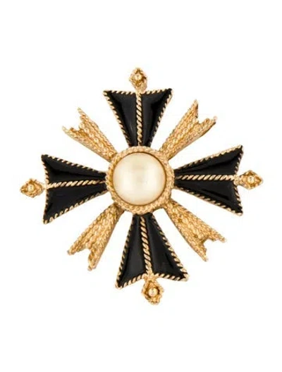 Pre-owned St John Faux Pearl & Enamel Brooch Pin In Black/white
