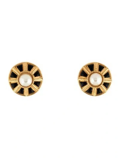 Pre-owned St John Faux Pearl & Enamel Clip-on Earrings In Black/white