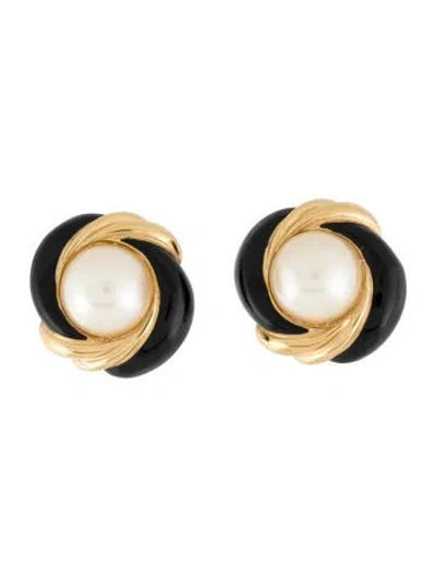 Pre-owned St John Faux Pearl & Enamel Clip-on Earrings In Multi