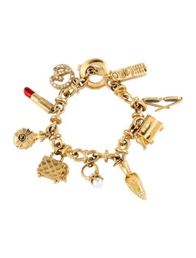 Pre-owned St John Faux Pearl, Crystal & Enamel Charm Bracelet, 6.5" In Black/clear/red