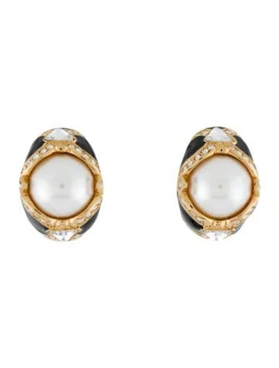 Pre-owned St John Faux Pearl, Crystal & Enamel Clip-on Earrings In Multi
