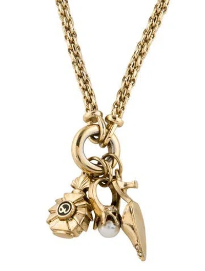Pre-owned St John Faux Pearl, Crystal & Enamel Logo Charm Pendant Necklace, 28.75" In Black/clear/white