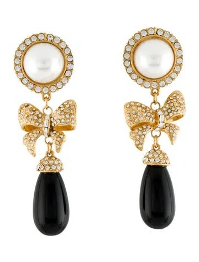 Pre-owned St John Faux Pearl, Crystal & Resin Bow Clip-on Drop Earrings In Multi