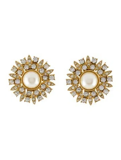 Pre-owned St John Faux Pearl Crystal Clip-on Earrings In White