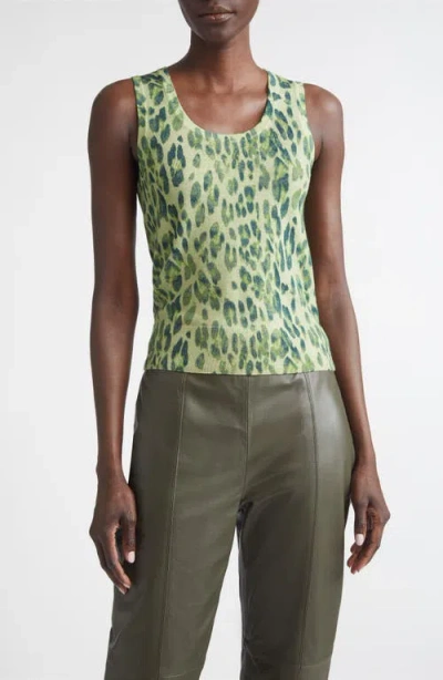 St John St. John Fine Gauge Leopard Print Wool Blend Sweater Vest In Green