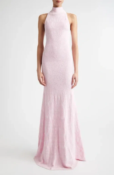 St John St. John Floral Jacquard Turtleneck Trumpet Gown In Pink