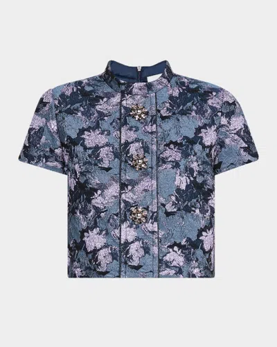ST JOHN FLORAL METALLIC GAUFRE SHORT-SLEEVE CROP TOP