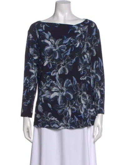 Pre-owned St John Floral Print Bateau Neckline Blouse In Blue