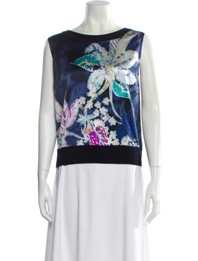 Pre-owned St John Floral Print Bateau Neckline Sweater In Blue