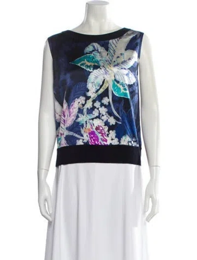 Pre-owned St John Floral Print Bateau Neckline Sweater In Blue