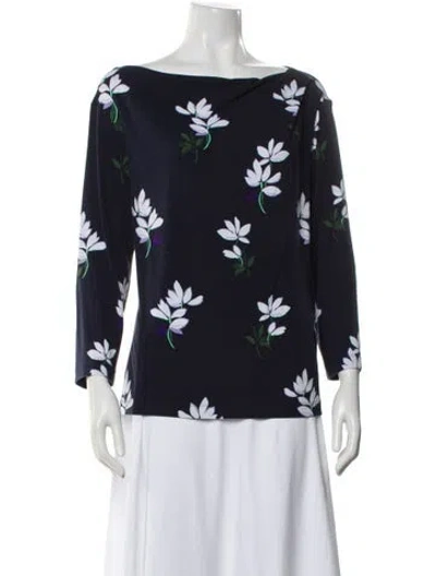 Pre-owned St John Floral Print Bateau Neckline Top In Blue