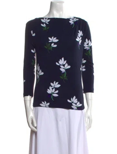 Pre-owned St John Floral Print Bateau Neckline Top In Blue
