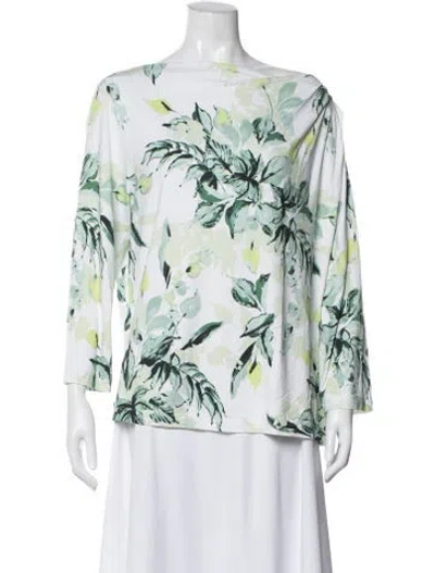 Pre-owned St John Floral Print Bateau Neckline Top In Green